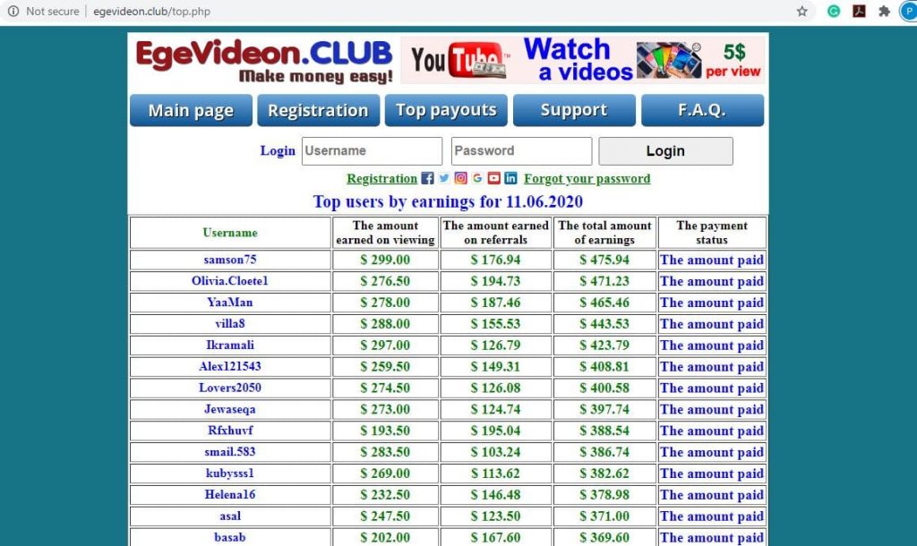 Egevideon.club payout