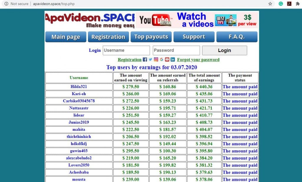 Apavideon.space Payout
