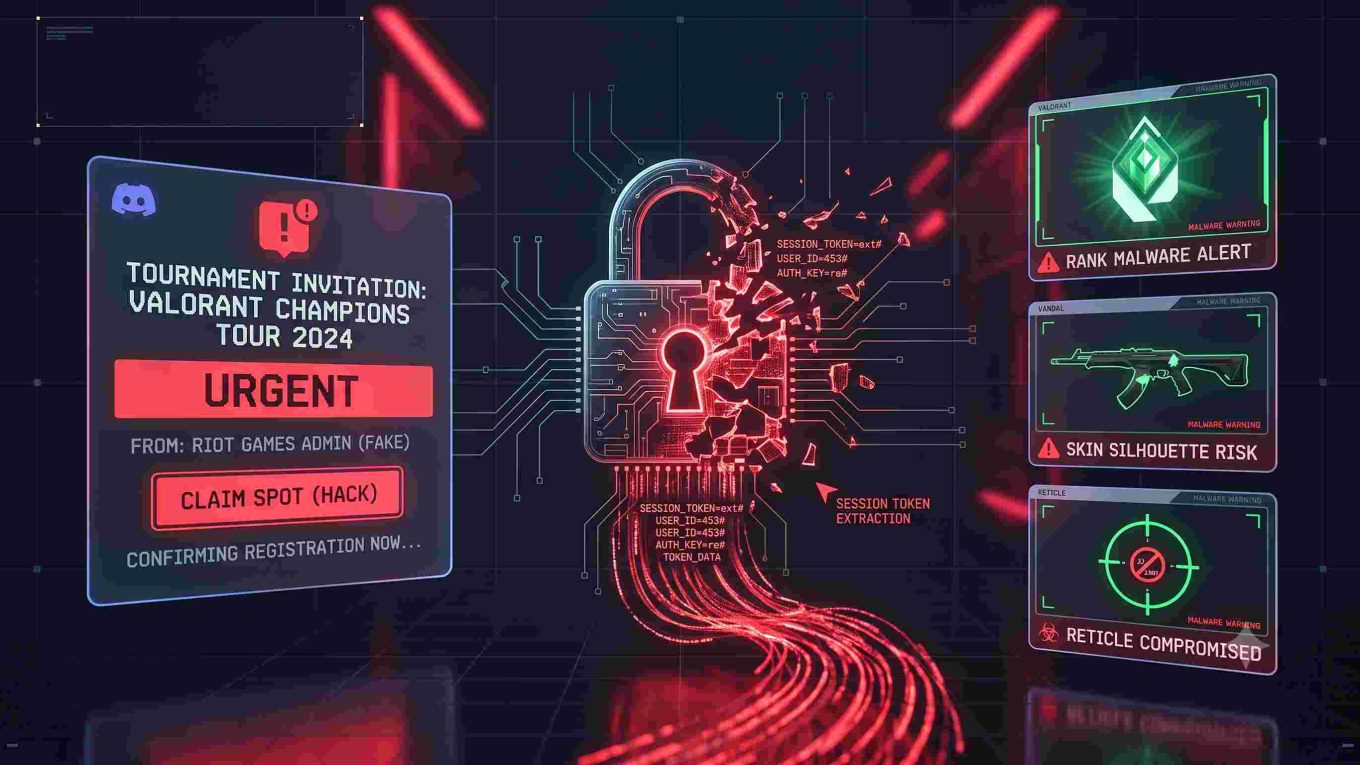 Alt Text: Illustration of the Need a 5th Discord tournament message scam showing a fake tournament chat invite and hacked gaming credentials